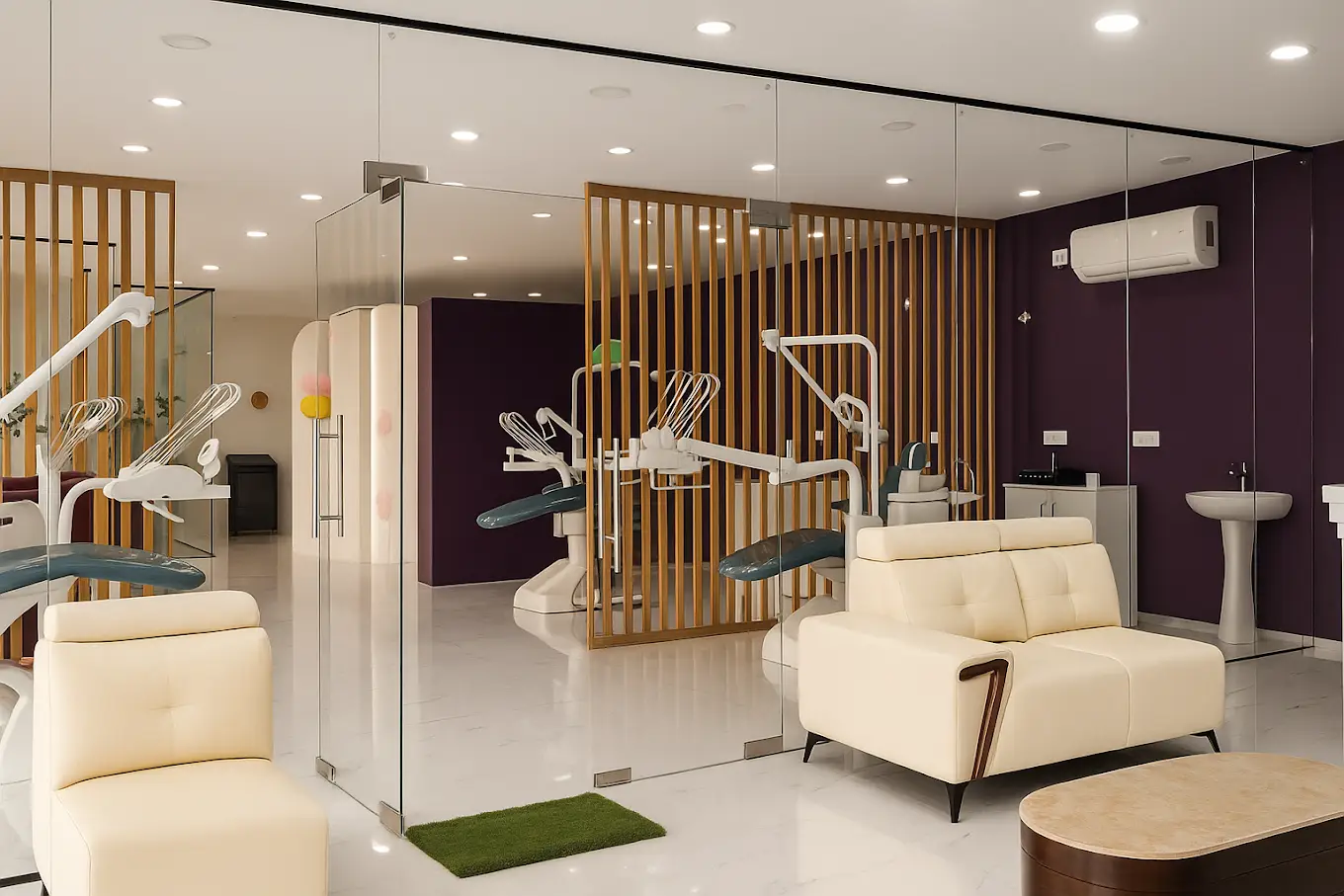OpenCare™ operatory design at SONRISA DENTAL with glass walls and wood partitions.
